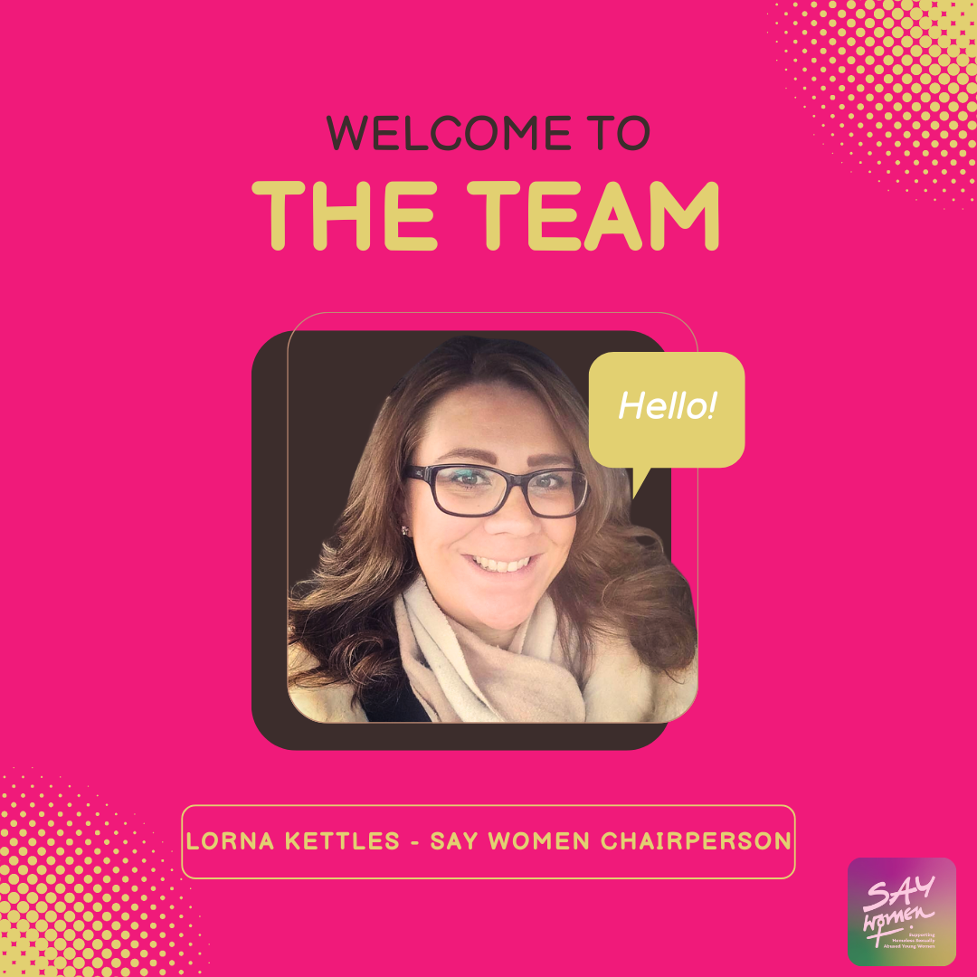 Pink background with welcome text and a photo of a woman with long brown hair wearing black rimmed glasses and beige clothes.
